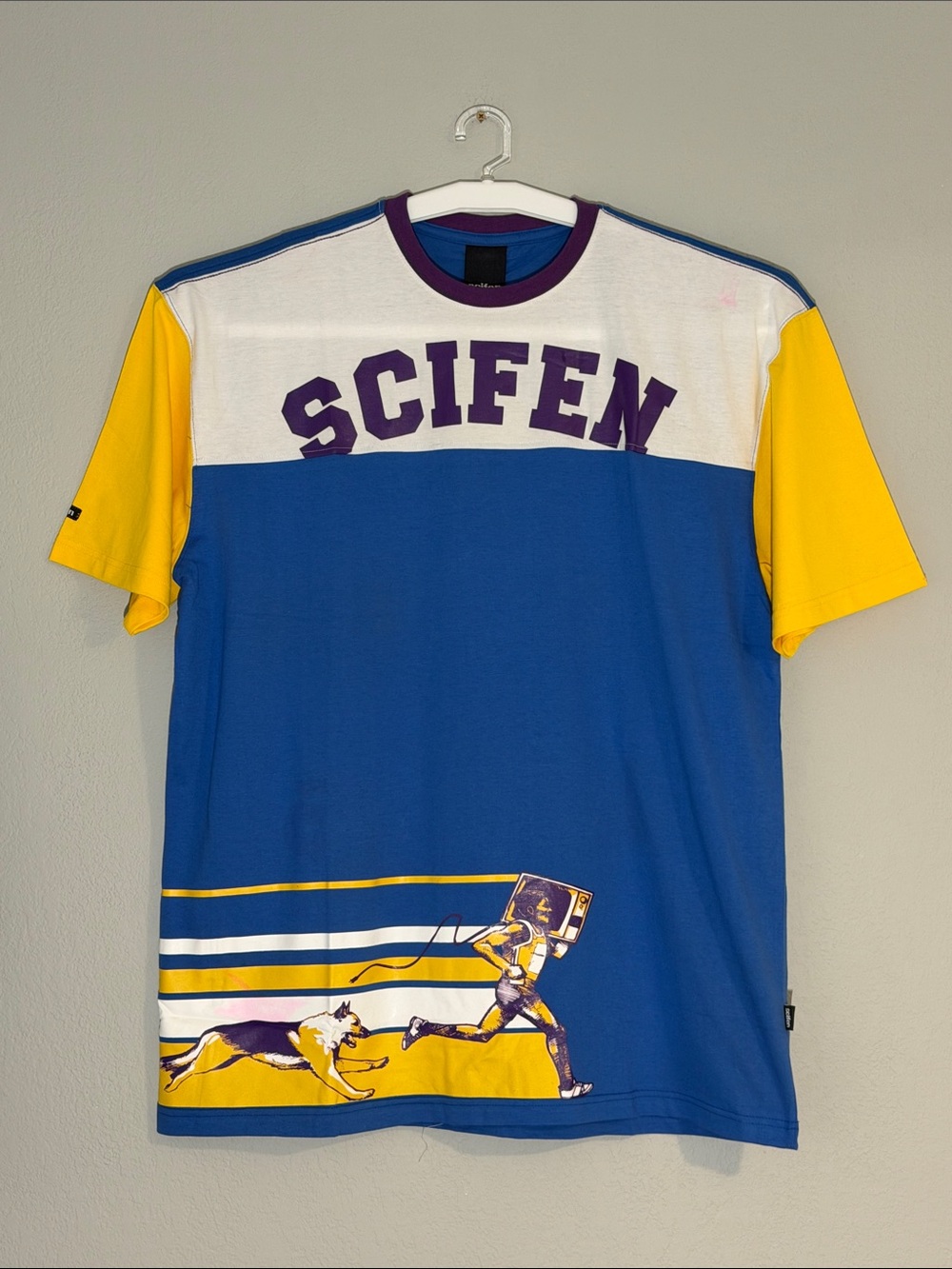 NWT SCIFEN Colorblock Graphic T-Shirt Blue Yellow Streetwear Y2K Hip Hop Tee XXL